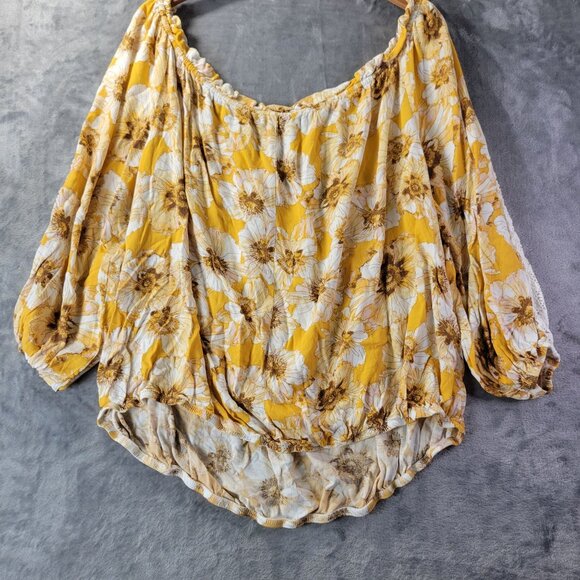 Maurices Womens 2X Yellow Floral Peasant‎ Top Lace Sleeve Boho Cottagecore Vibe - Picture 7 of 10